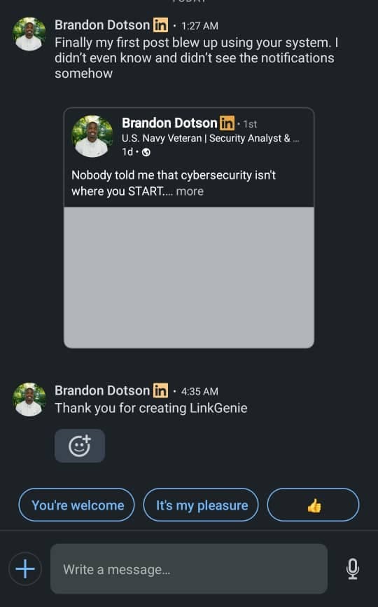 LinkedIn testimonial screenshot